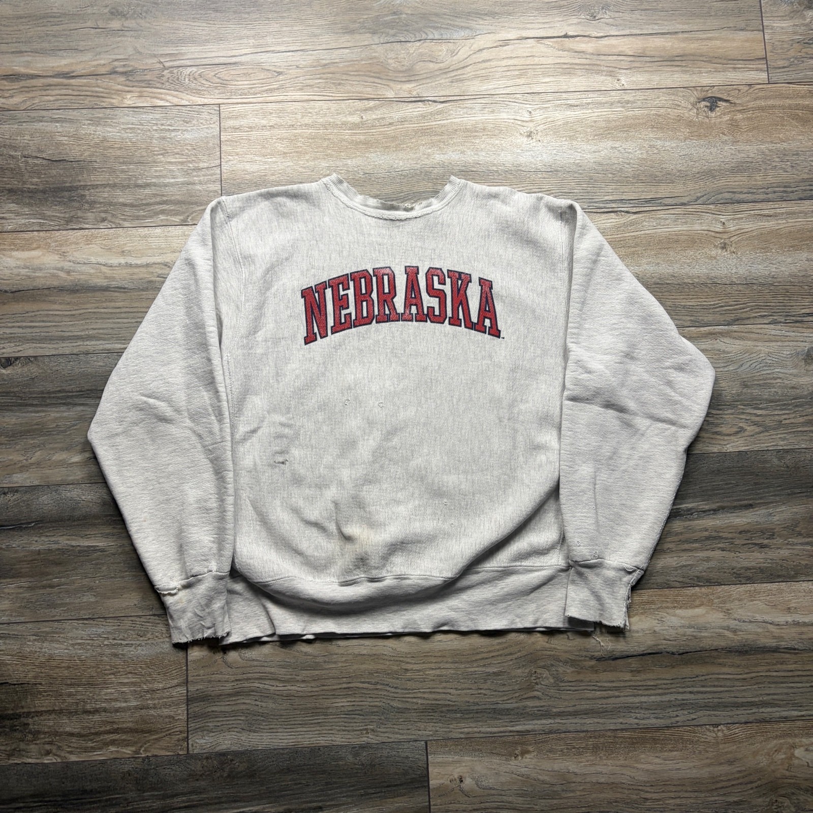 80’s MV sports Nebraska thrashed reverse weave, stains and distressing, size XL