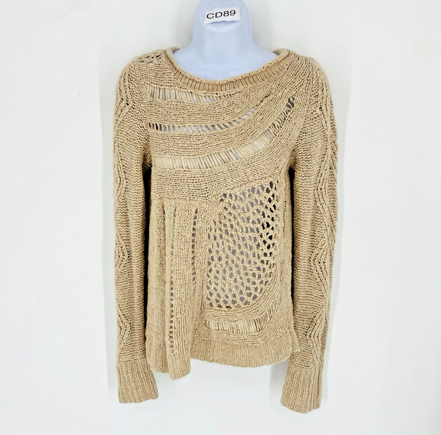 Moth Anthropologie Cream Open Knit Pull Over Sweater Small Slanted Openwork