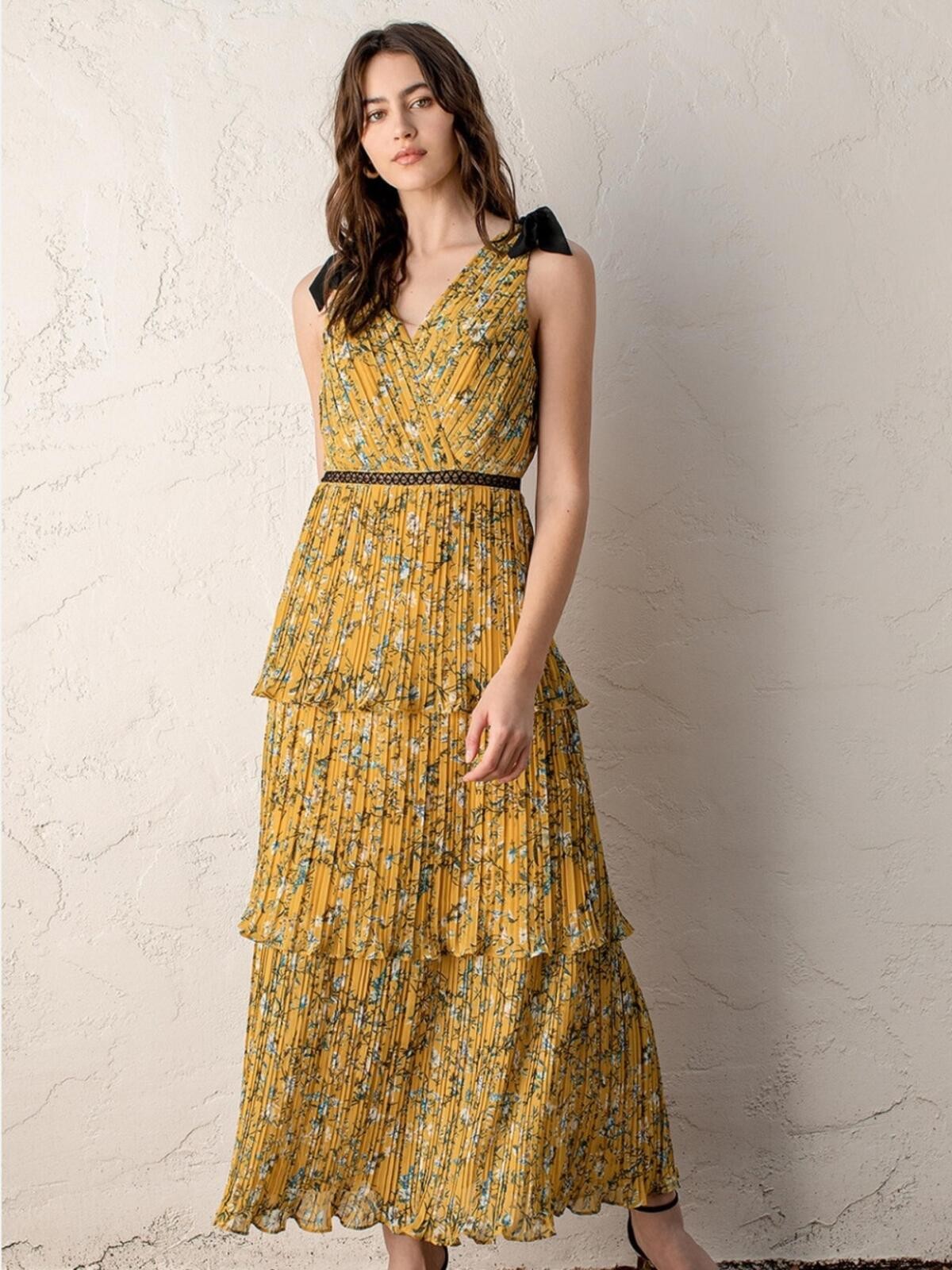 Lulus Such Sophistication Yellow Floral Tiered Maxi Dress with Black Trim