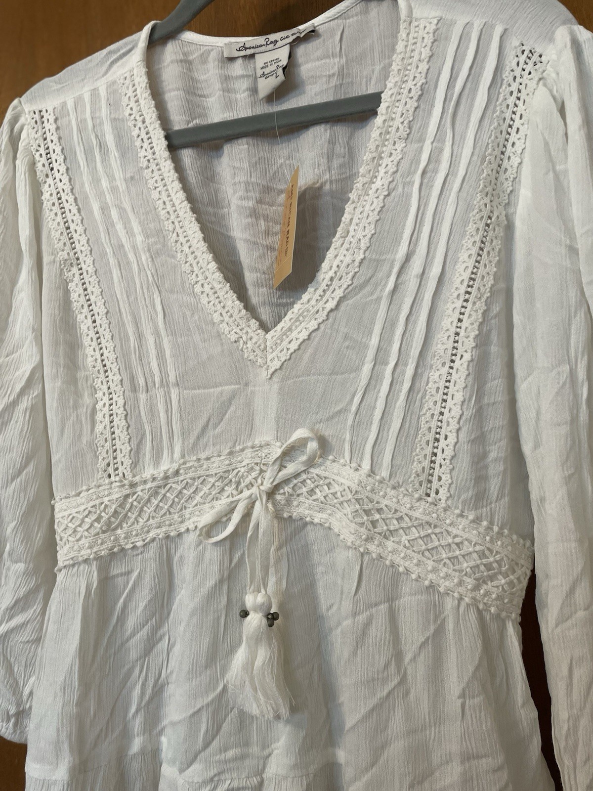 American Rag New With Tags White Boho Top Long Sleeve Lace Size L
