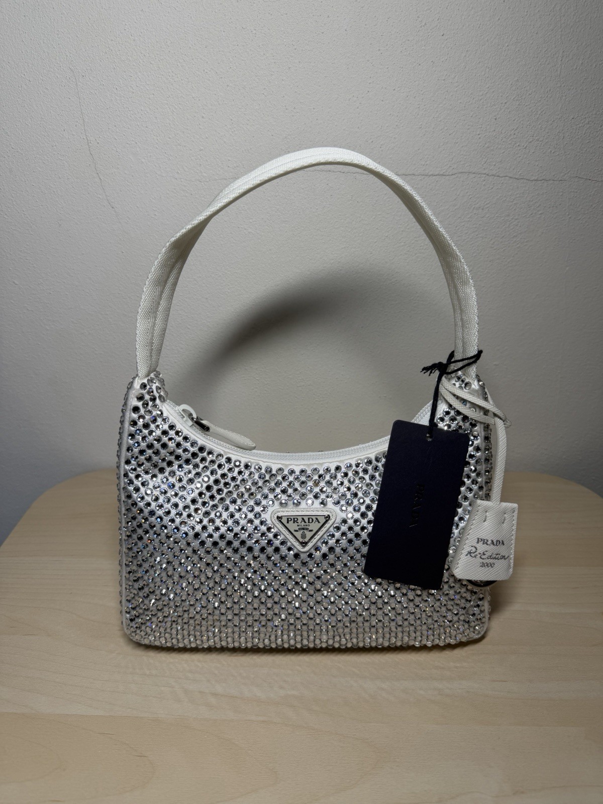 Prada Re-Edition 2000 bag Crystal Satin White NEW – FULL SET With certificate