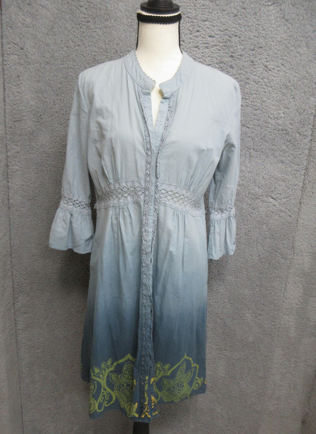 One World Ombre Shirt Dress Women Medium Blue Paisley Crochet Boho Peasant Flowy