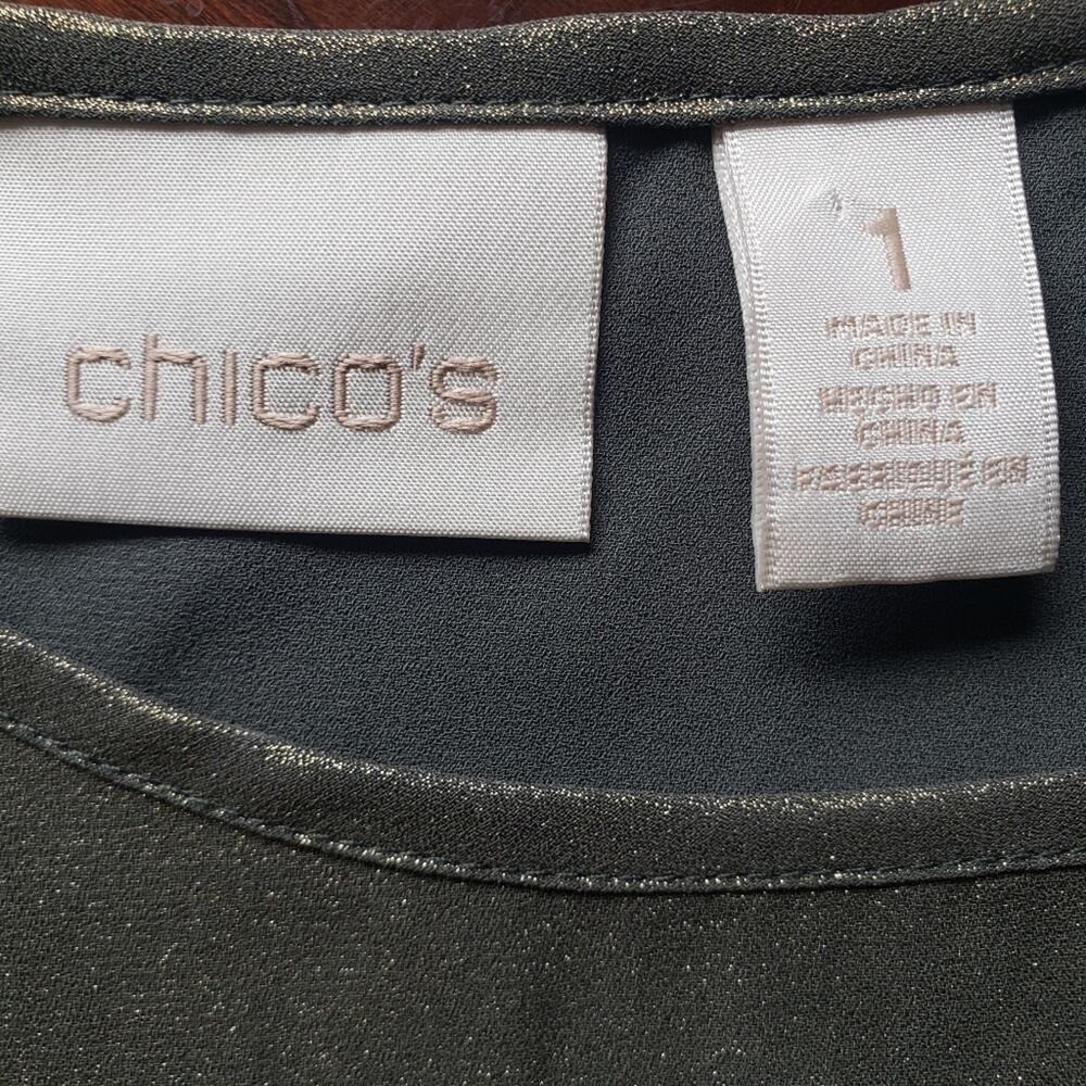 Chico’s Green Gold Metallic Lagenlook Asymmetric Hem Tunic Top Size Medium