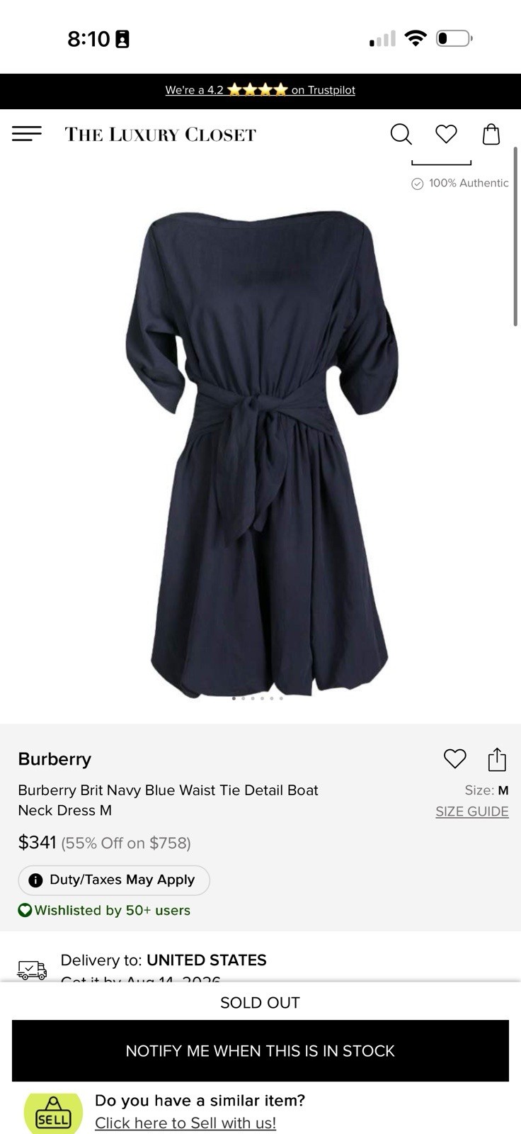 Burberry Brit Navy Solid Silk Wrap Dress Size 4 3/4 Sleeve Knee Length