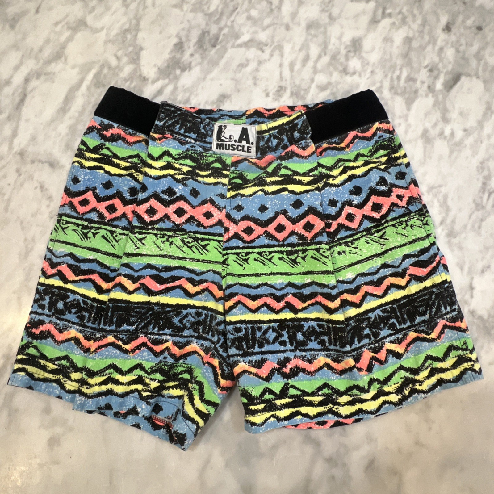 Vintage 1980s LA Muscle Shorts Men’s 32 Neon Venice Beach Adjustable Cotton USA