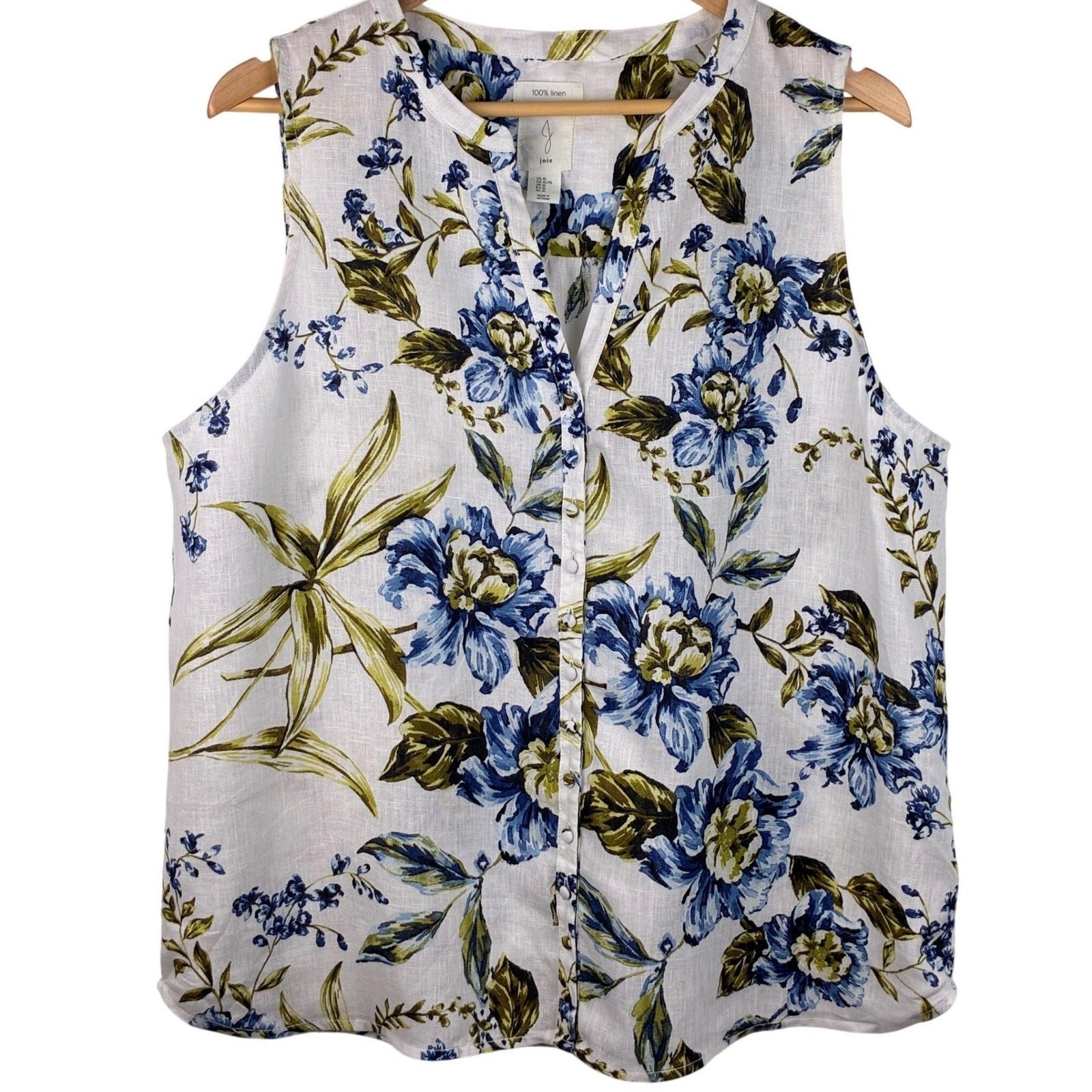 Joie XL 100% Linen Blue Floral Sleeveless Split Neck Button Front Blouse