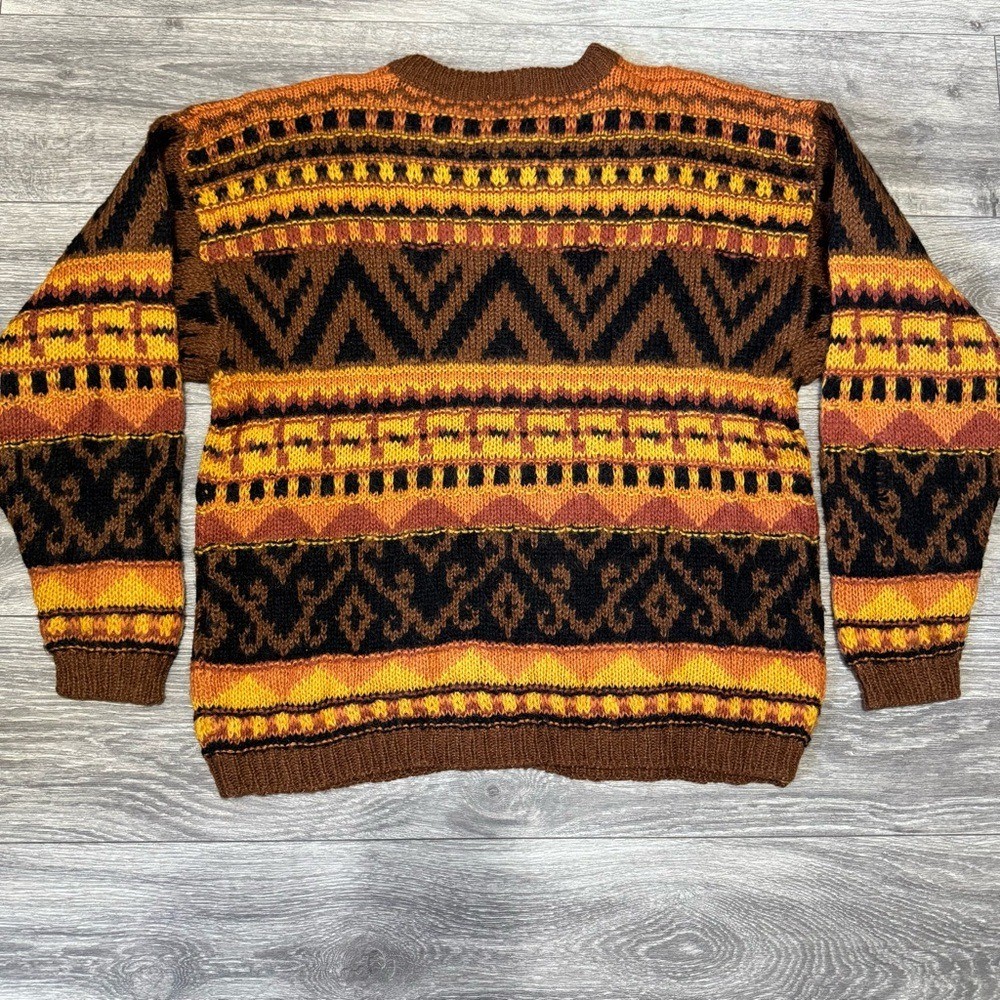 Together! Vintage 90s Wool Blend Geometric Tribal Knit Sweater Mens Large Brown