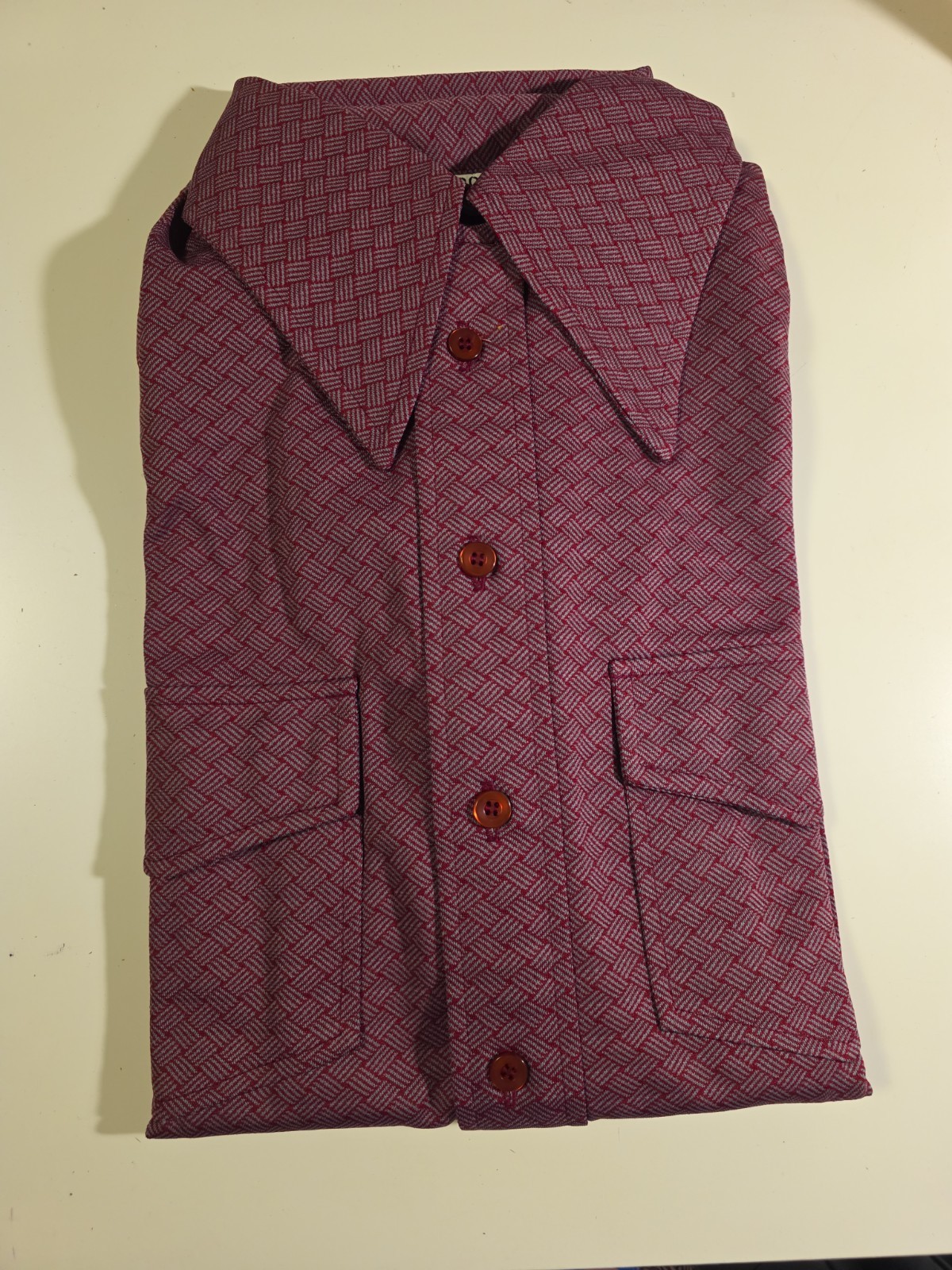 Vtg NOS Shirt 39 M Mens Encron Polyester Disco Deadstock 1970s Burgundy Pinned