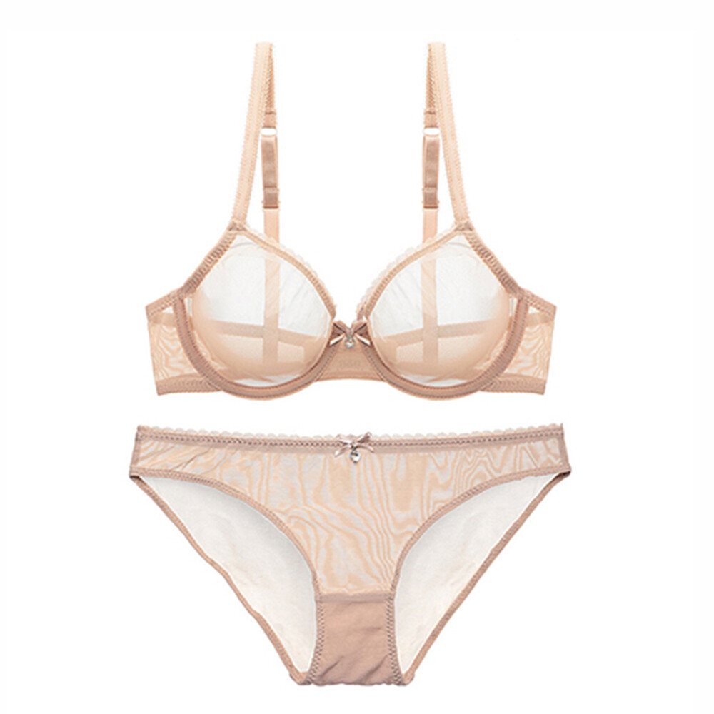 Unlined Ladies Bras Set Sexy See-Through Lingerie Mesh Underwire Brassiere Brief