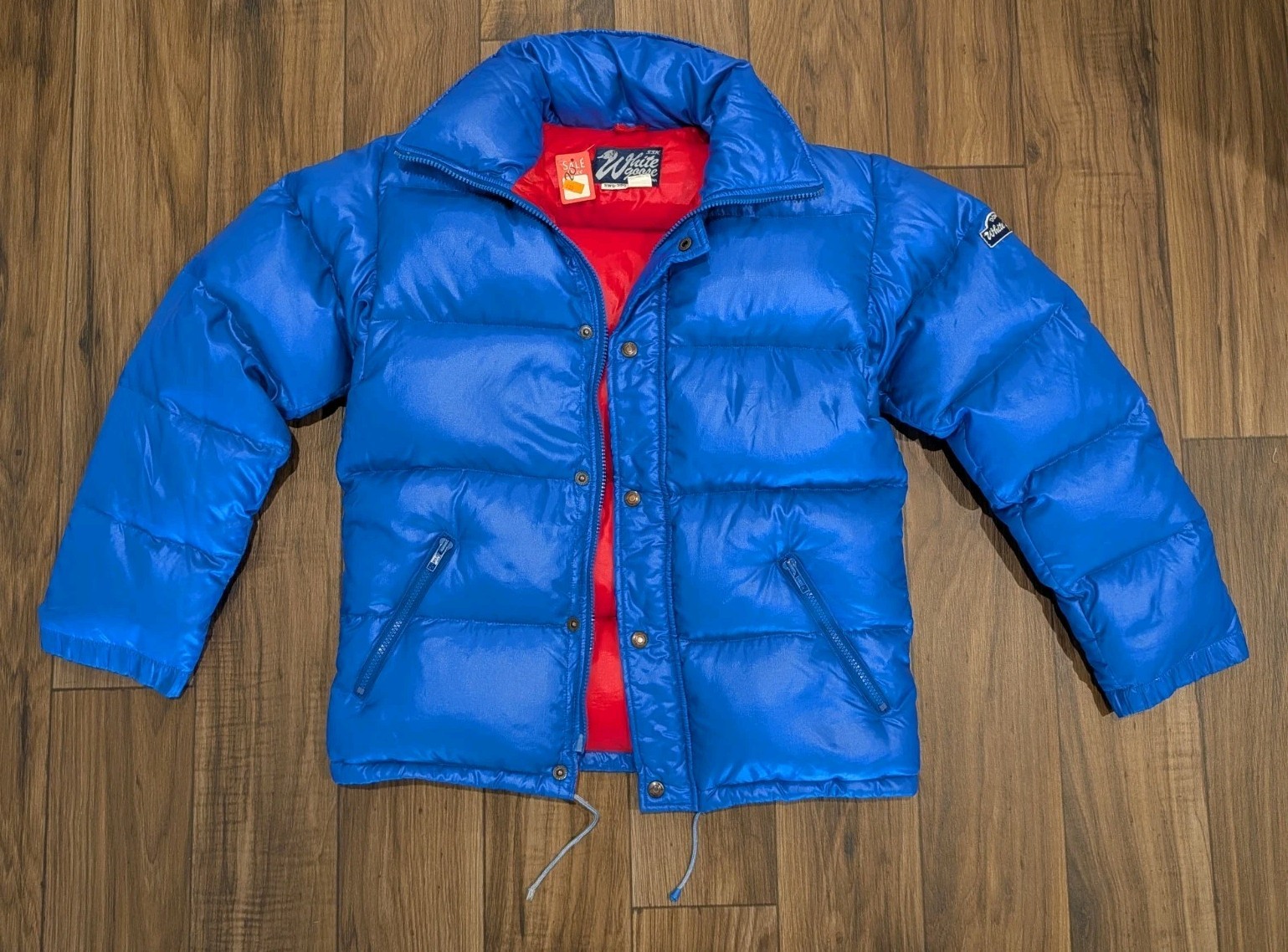 Vintage SSK White Goose 90/10 Down Puffer Jacket Blue Red YKK Tag Attached S NOS