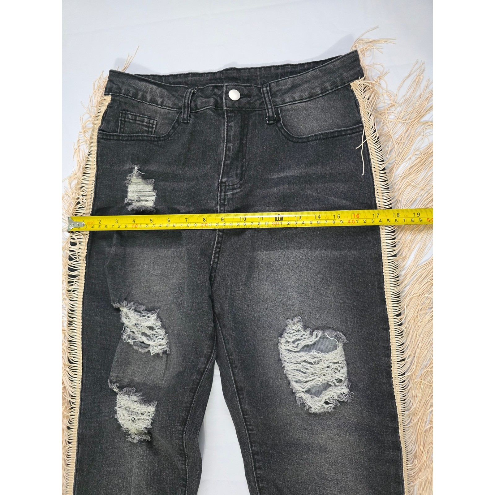 Shein Distressed Fringe Side Trim Jeans Black High Waisted Boho Ripped Denim M