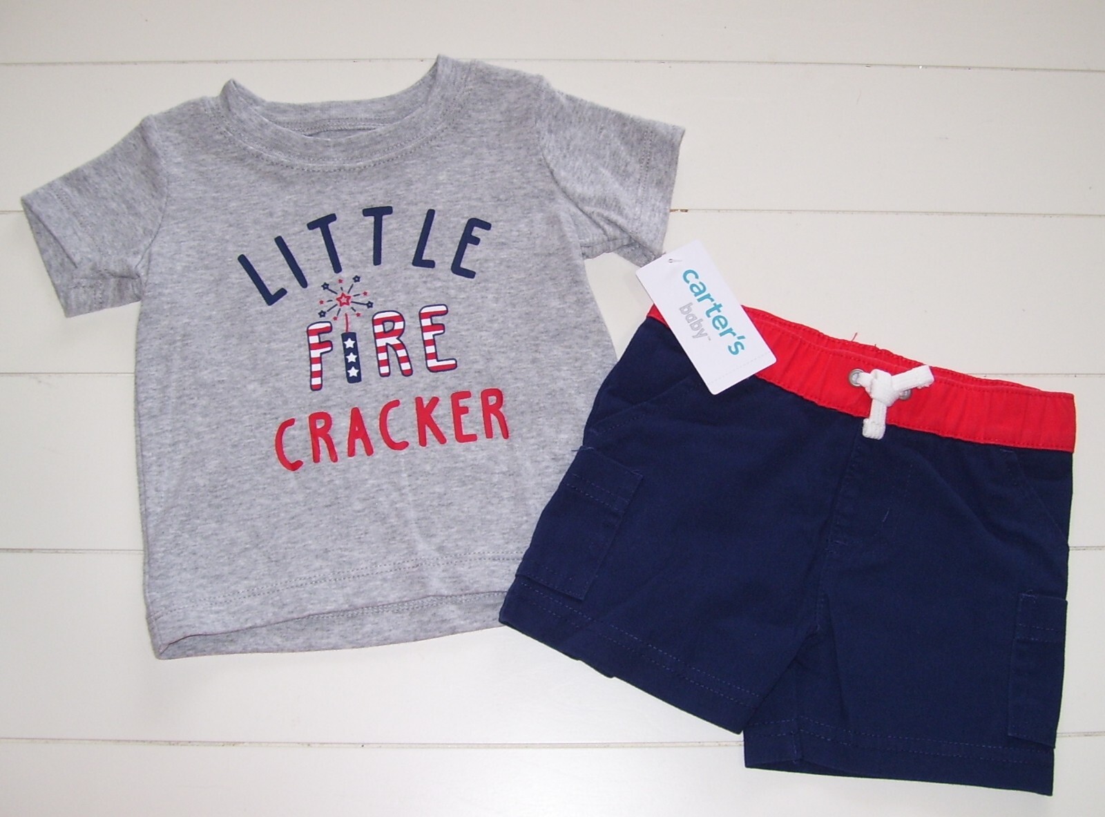 Carter’s Baby 2 Pc Little Firecracker July 4th T Shirt & Shorts Outfit 3M 6M 9M