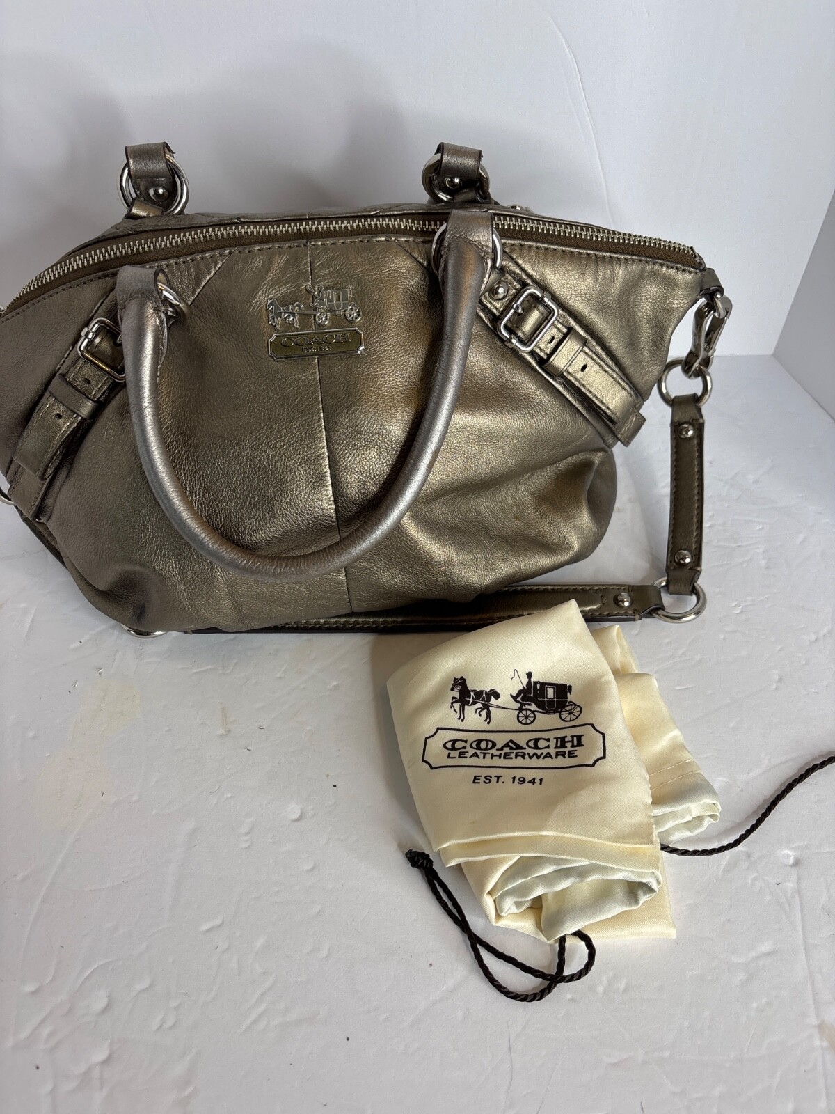 Coach Madison Sophia bronze leather satchel purse shoulder strap dust bag 15960