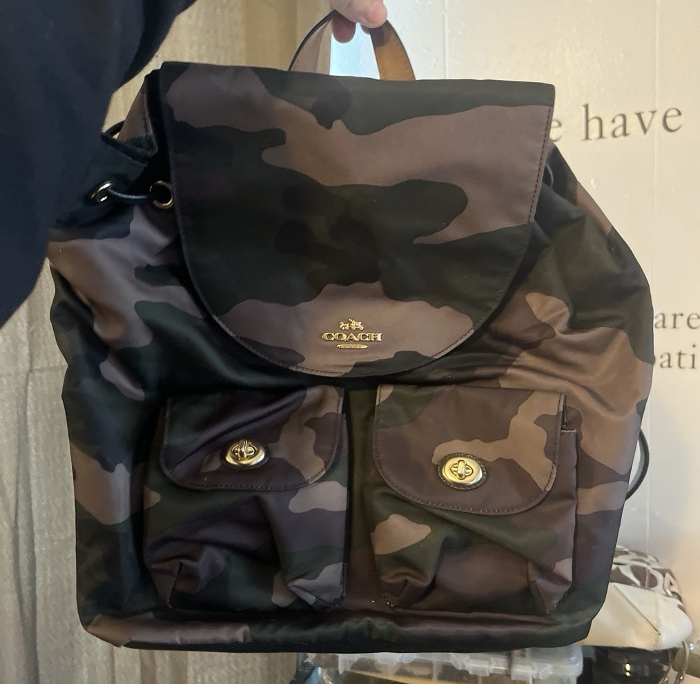 Coach Camouflage Drawstring Backpack Turn Lock Pockets Detachable Strap