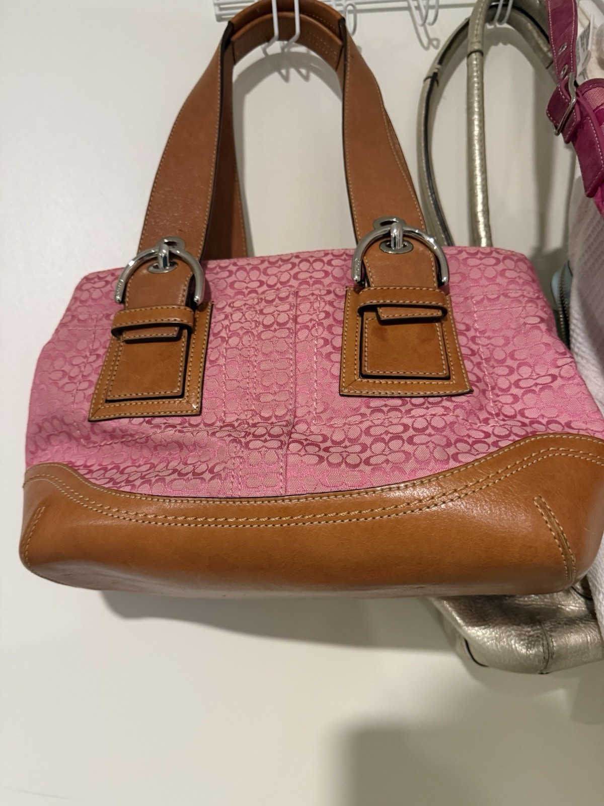 Coach Pink Brown Logo Shoulder Bag with Buckle Accent