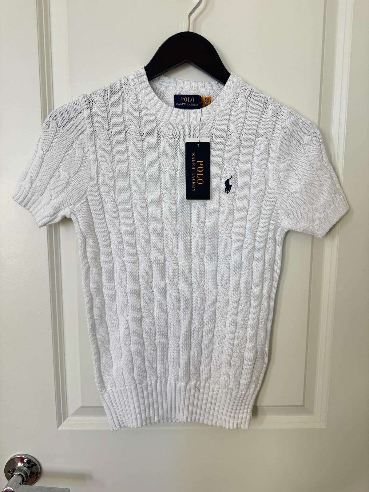 Women’s SMALL/Polo PIMA Cotton Cable Knit WHITE (Lightweight mater)
