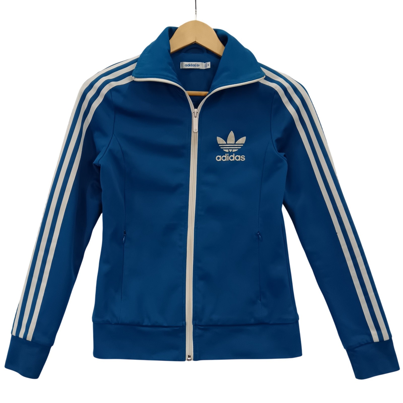 Adidas Track Jacket Women’s Size 32 Blue Trefoil Zip Pockets Stripes Preloved