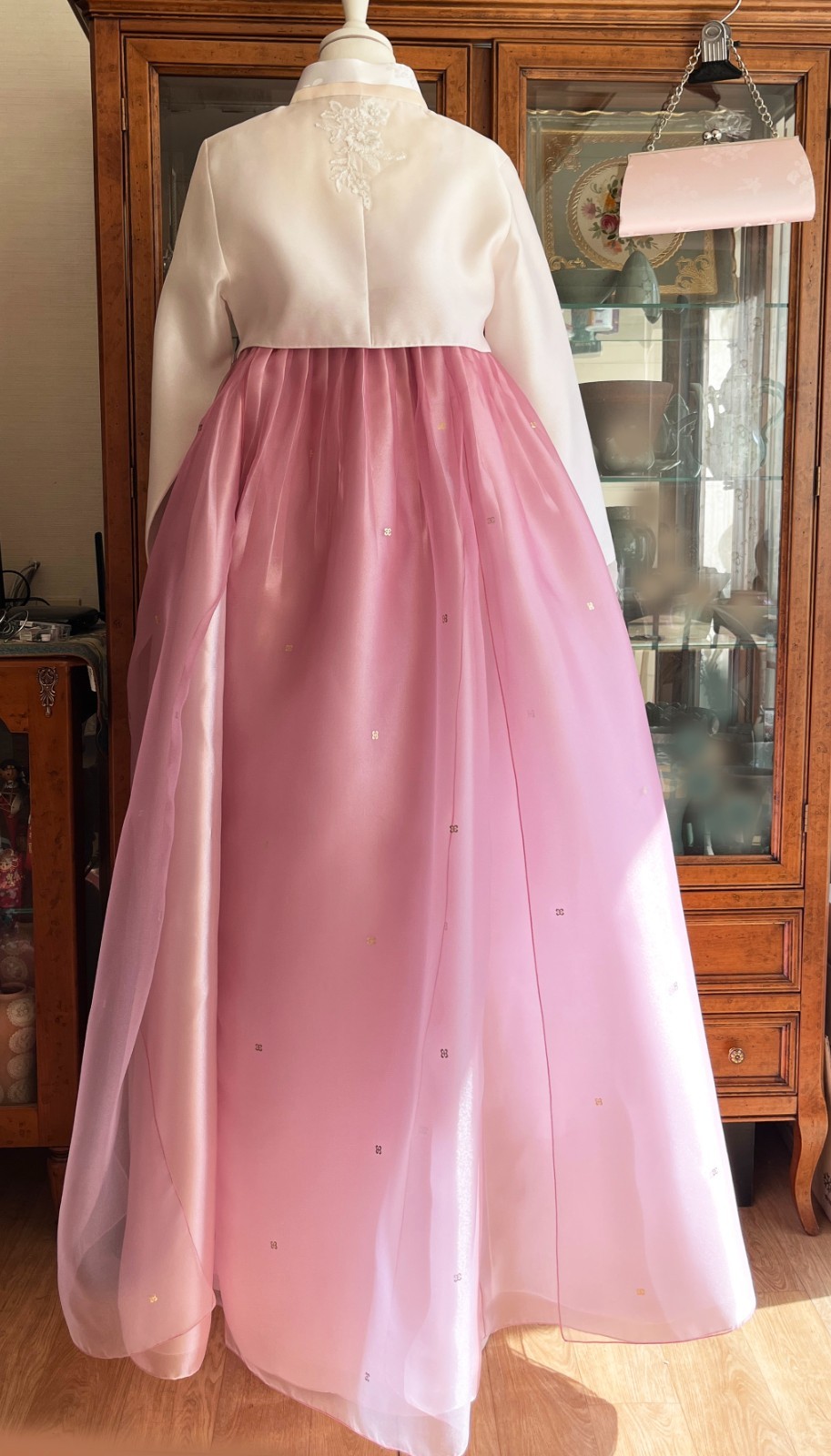 Korean Traditional Dress Hanbok Set- Ivory Top Pink Gallae Skirt / Petticoat Bag