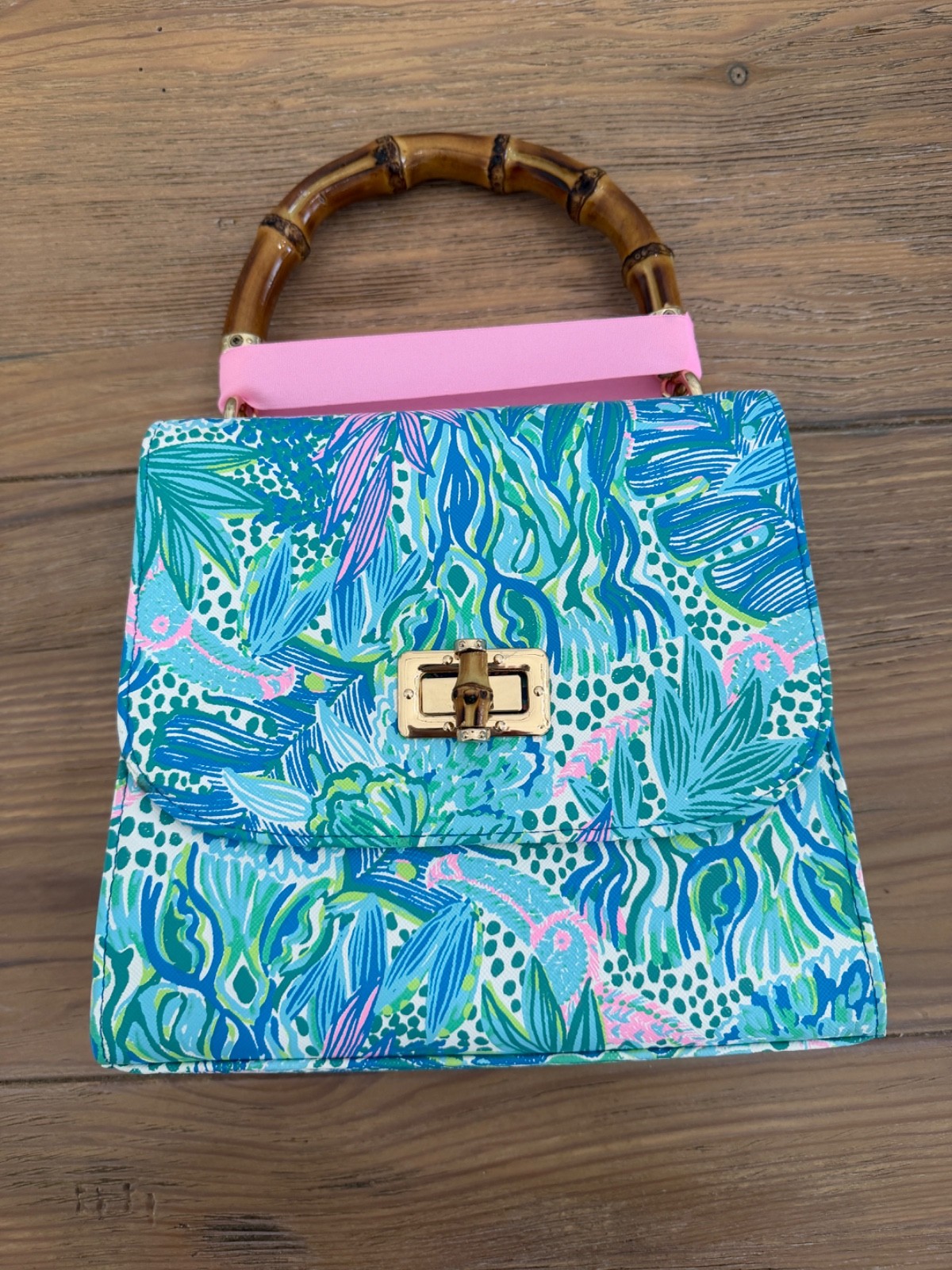 New Lilly Pulitzer Bamboo Handle Mini Bag In Botanical Green Holiday In The Sun