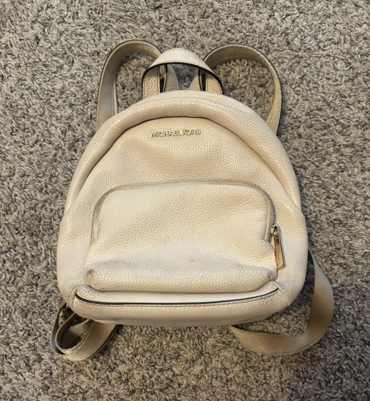 Michael Kors Beige Small Mini Backpack Pebbled Gold Hardware Zip Pockets