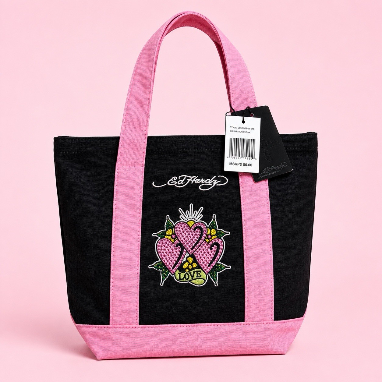 Ed Hardy Black & Pink Embroidered Heart Love Medium Tote Bag Lightweight