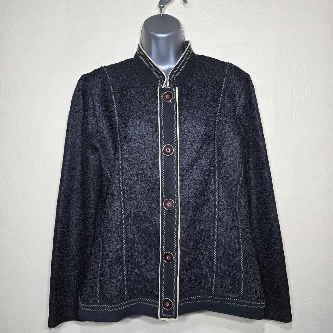 Chico’s Crinkled Textured Mandarin Collar Jacket with Contrast Stitching