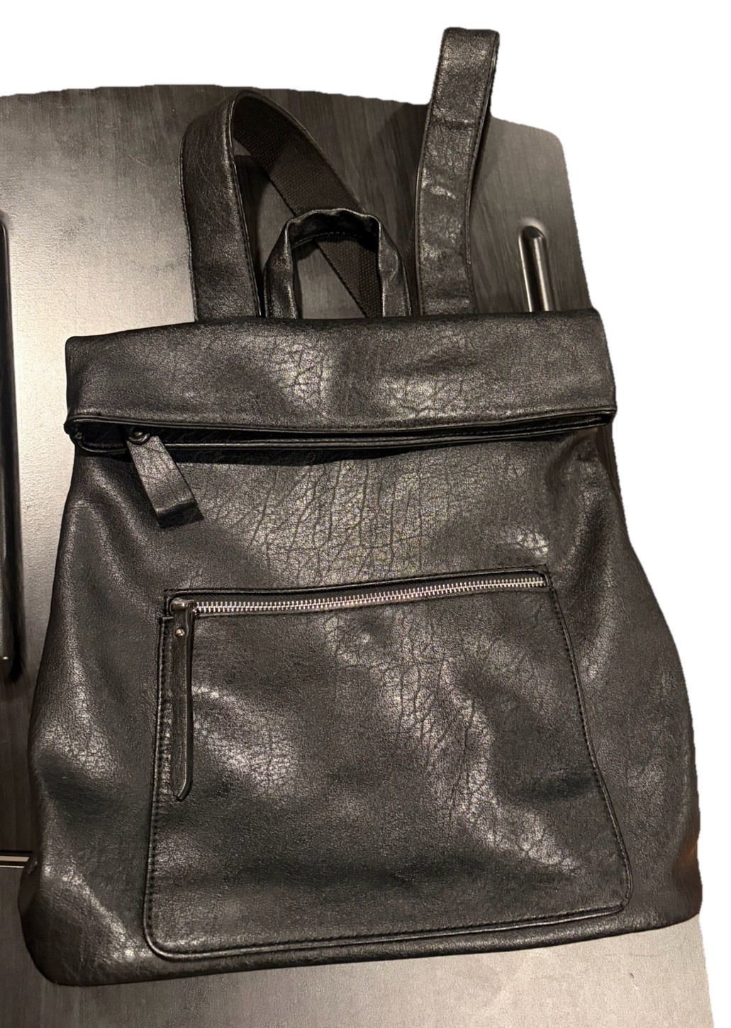 Urban Expression Black Vegan Leather Foldover Backpack Purse Bag Vintage
