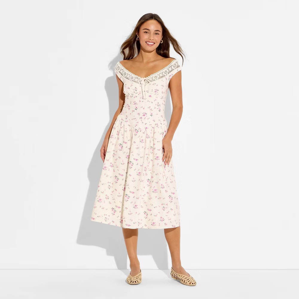 Women Button-Front Lace Midi Dress – Wild Fable Off-White Floral M