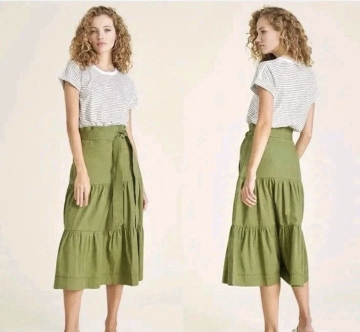 Veronica Beard Size Large Green White Striped Tiered Midi Dress 100% Pima Cotton