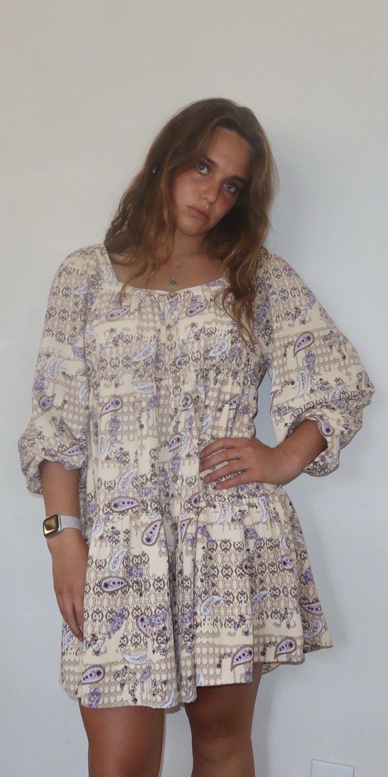 Entro Beige/Purple Paisley Square Neck 3/4 Sleeve Mini Dress, Size S