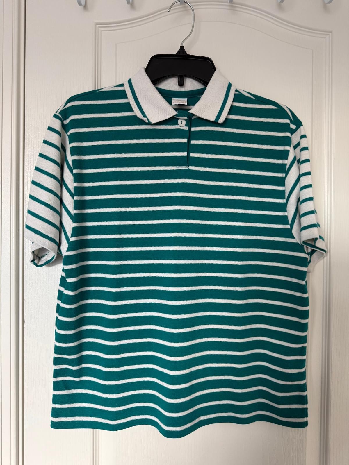 Jantzen Vintage Polo Shirt Women’s M Teal White Striped Knit Top Short Sleeve
