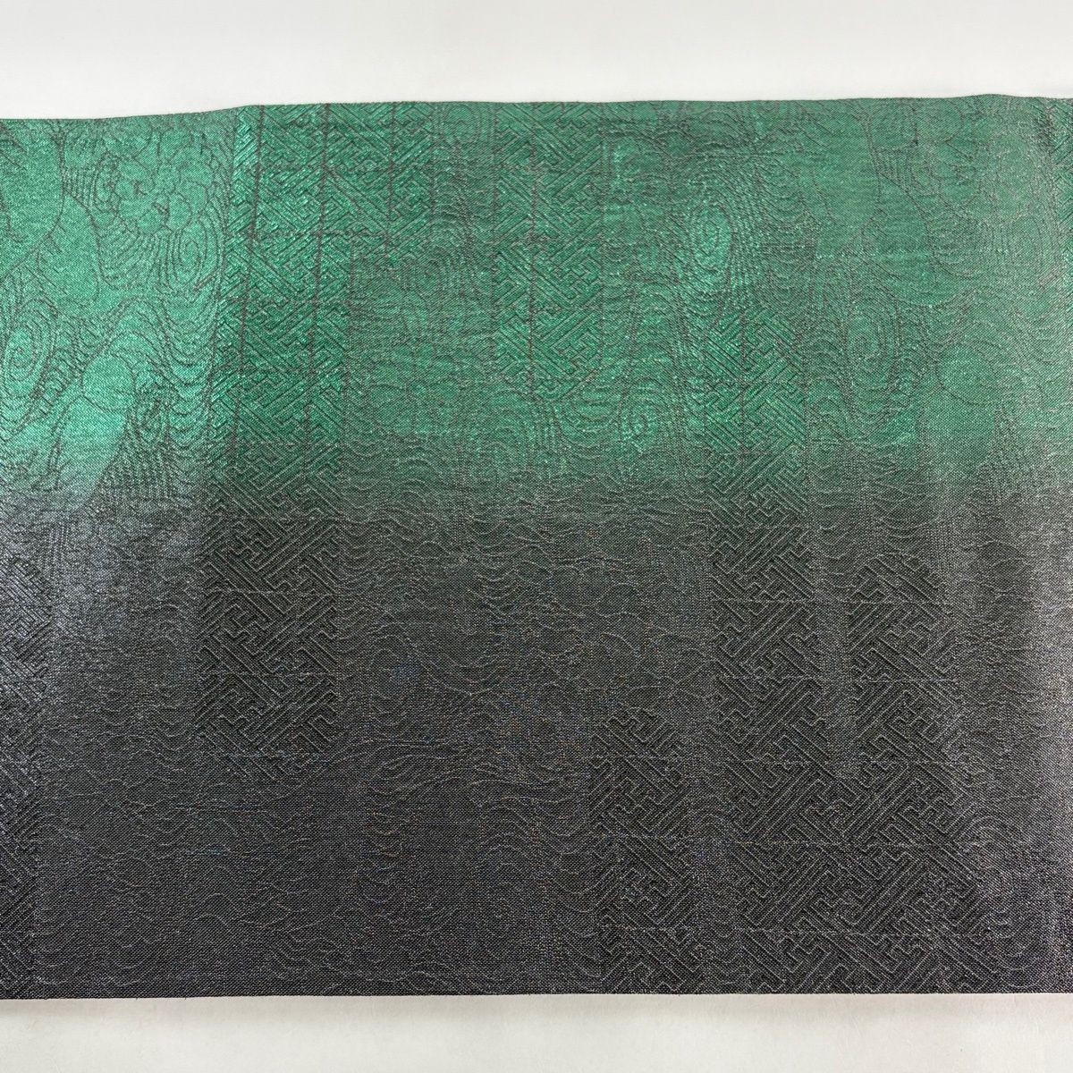 Fukuro Obi Flowers Butterfly Gold Silver Thread Foil Six Panel Green Silk 432cm