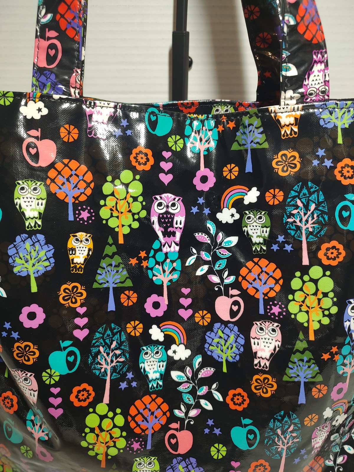 Paperchase Owl Print Tote Bag Black Multicolor Pink Lined Inner Pockets