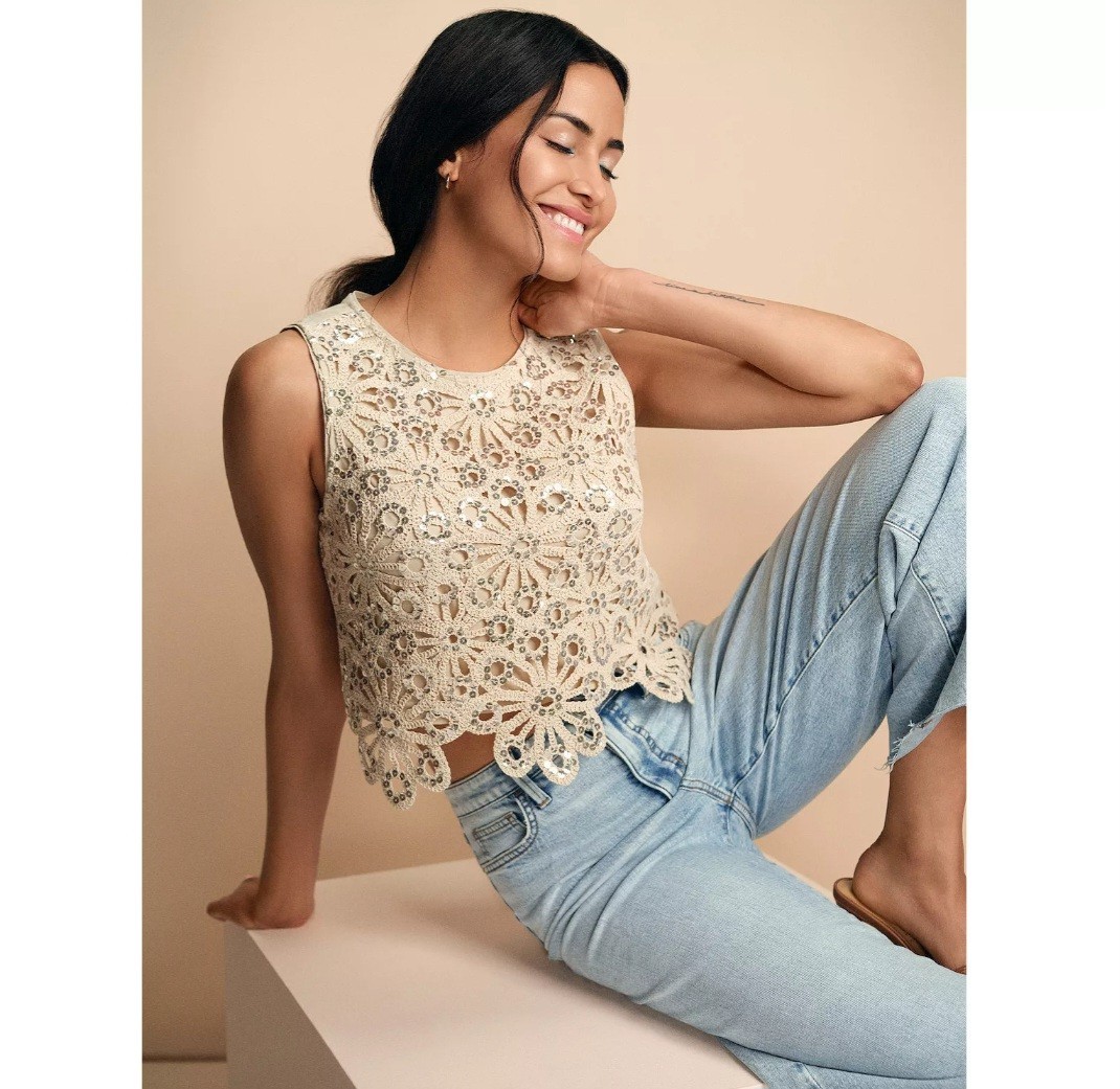 Lauren Conrad Tan Floral Crochet Sequin Sleeveless Tank Glam Boho Linen Blend M