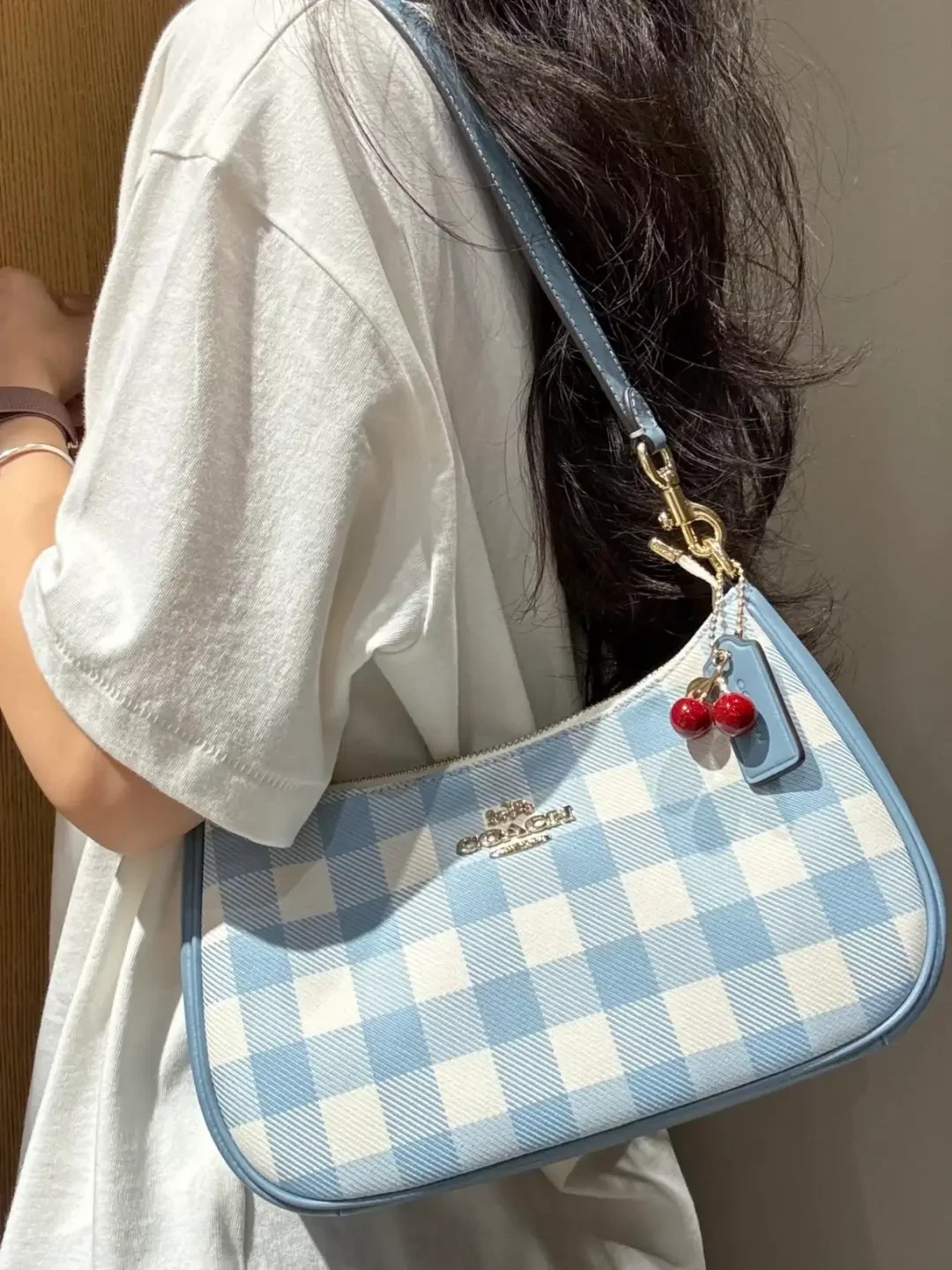 NWT Coach Teri CES65 Shoulder Bag Blue Gingham Crossbody Purse with Cherry Charm