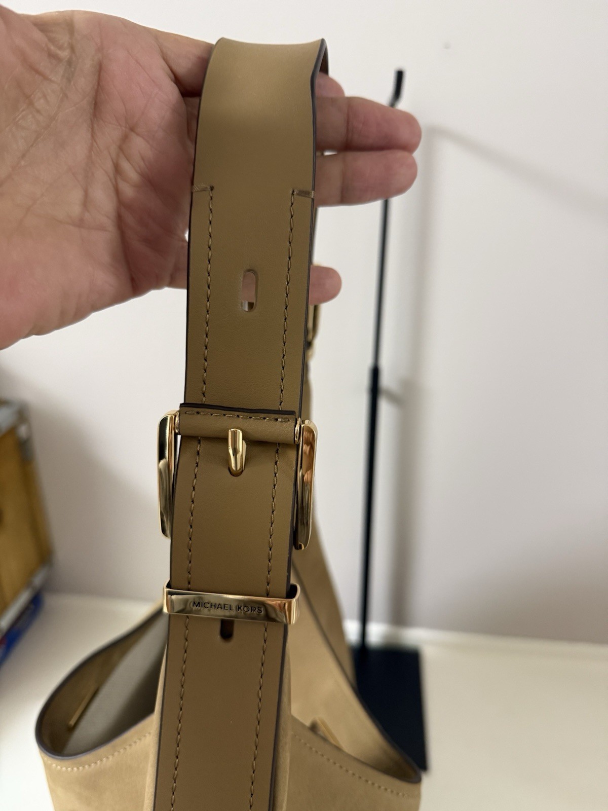 Michael Kors Tan Suede Shoulder Bag, Gold Hardware, Buckle, Detachable Strap