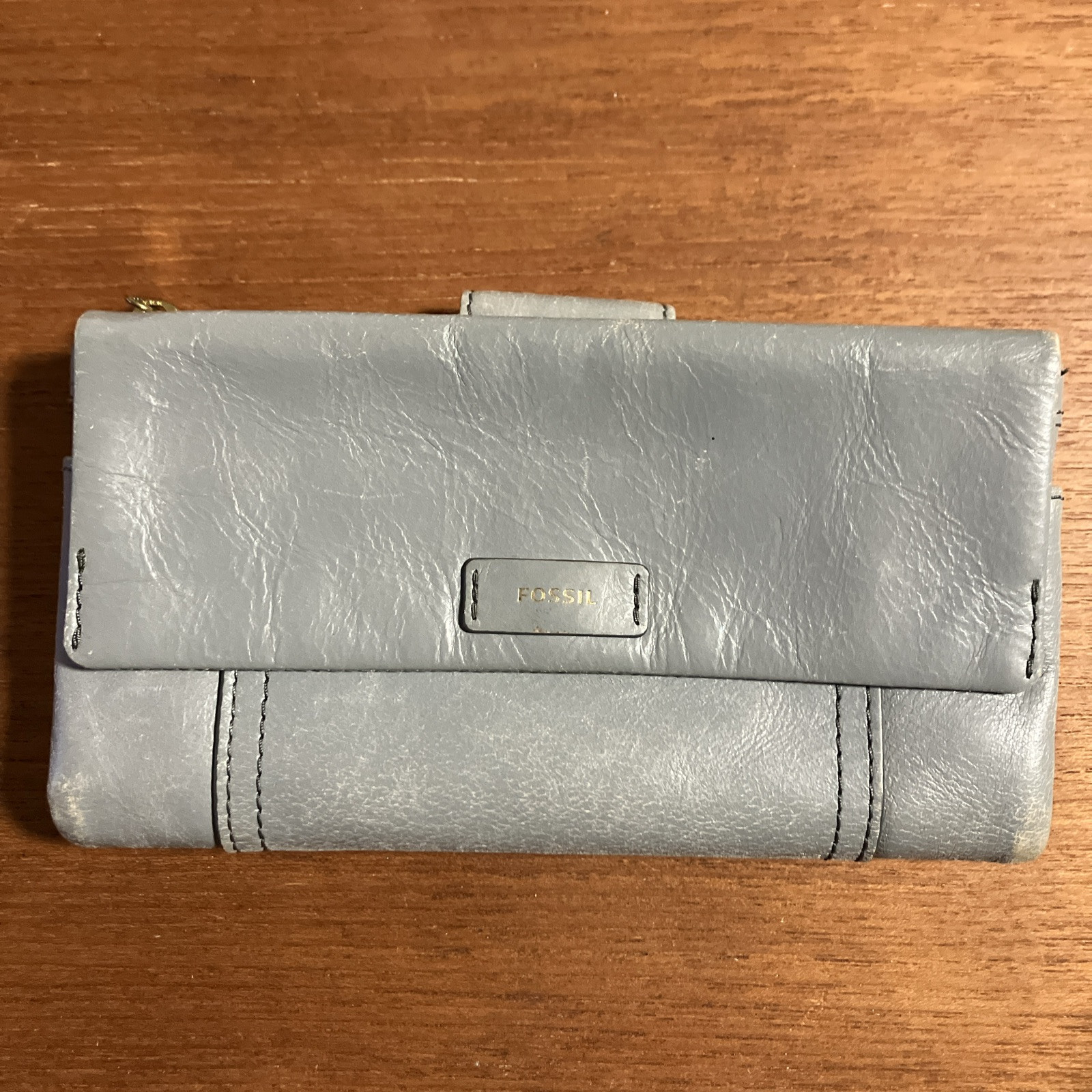 Fossil Ellis Clutch Wallet Snap Button Closure w/ Zipper Bifold, Blue Grey