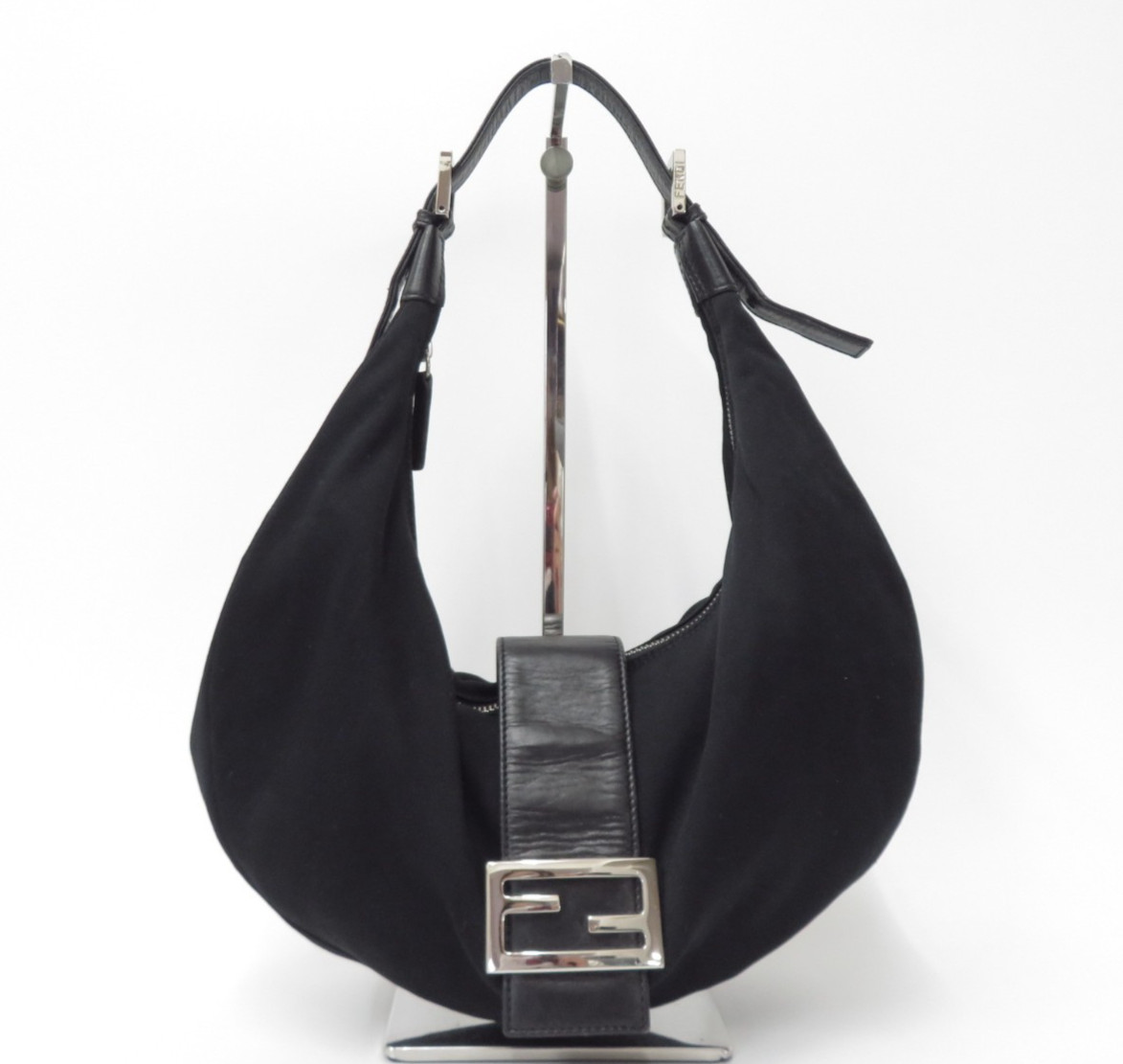 Auth FENDI Nylon Jersey Mamma Baguette Half Moon Croissant Shoulder Bag I#51665