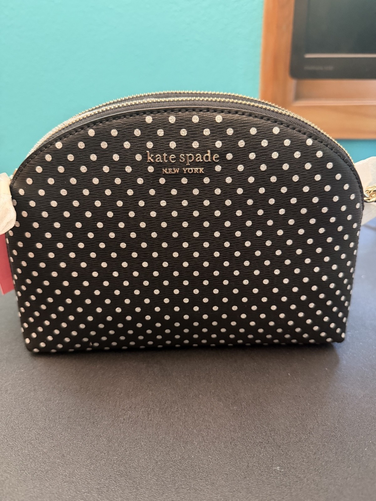 New Kate Spade Spencer Metallic Dot Double-Zip Dome Crossbody Black Multi