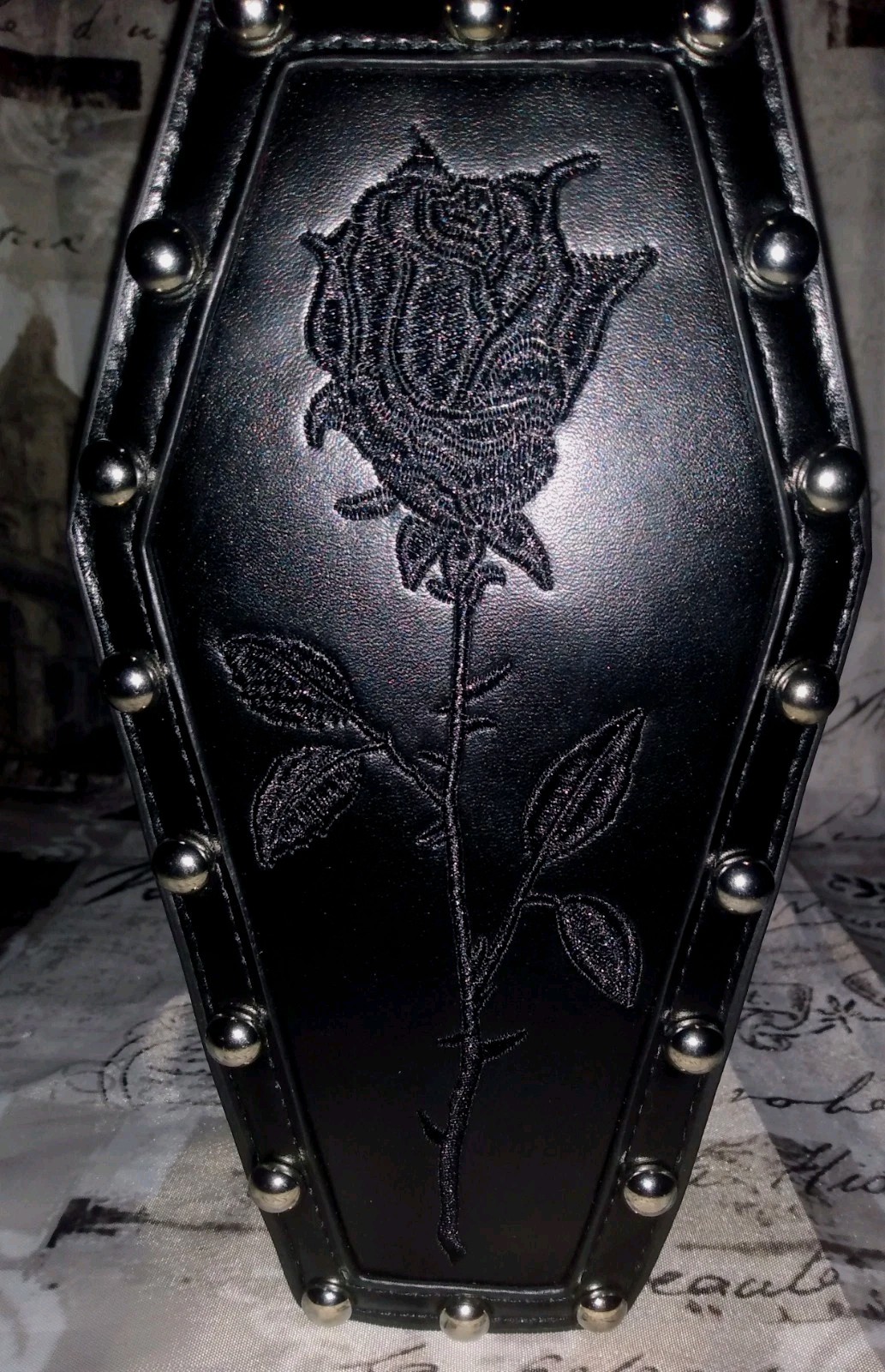 GOTHIC PUNK ROCKER Blk. Rose Coffin Crossbody Bag Embroidered/Studded NWOT! 🌹