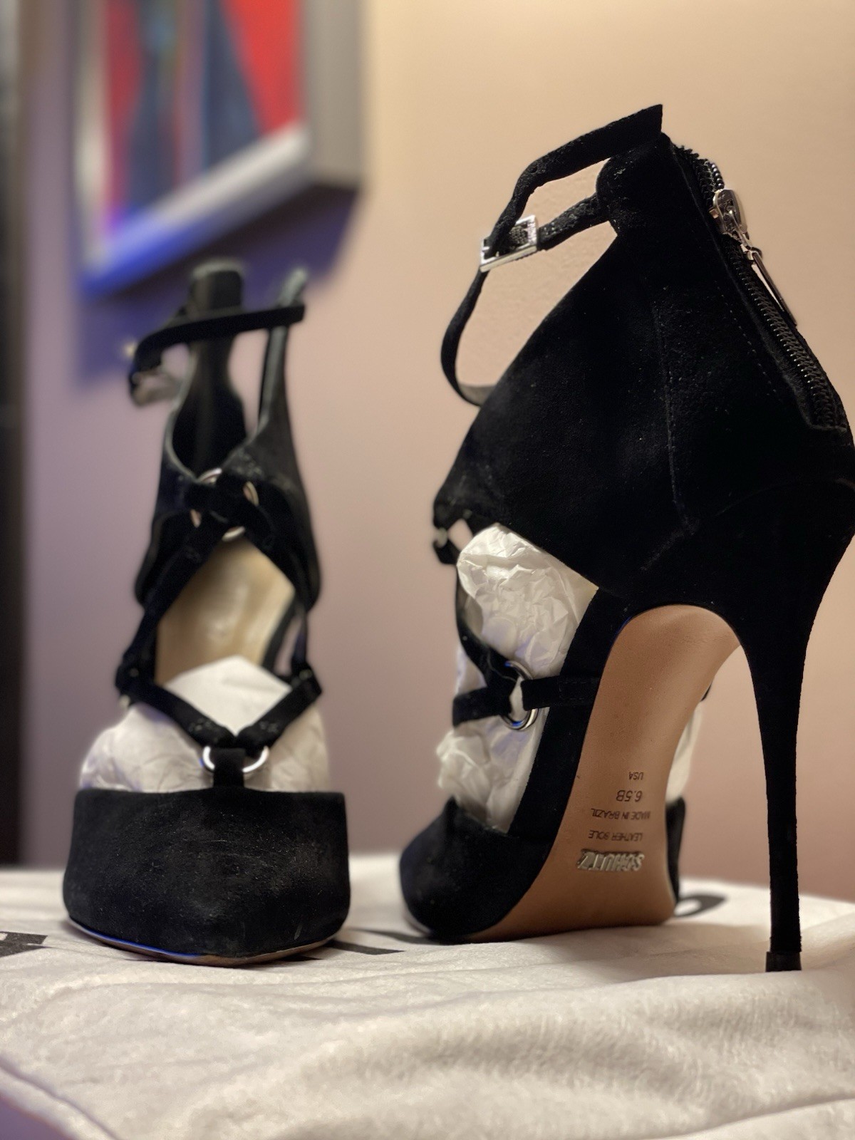 SCHUTZ Suede Strappy Pointed Toe Ankle Strap Buckle Zip Heels 6.5 Black