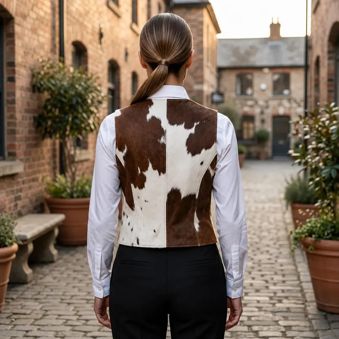 Brown White Hair-On Cowhide Vest Women Western Belted Waistcoat Handmade Baho