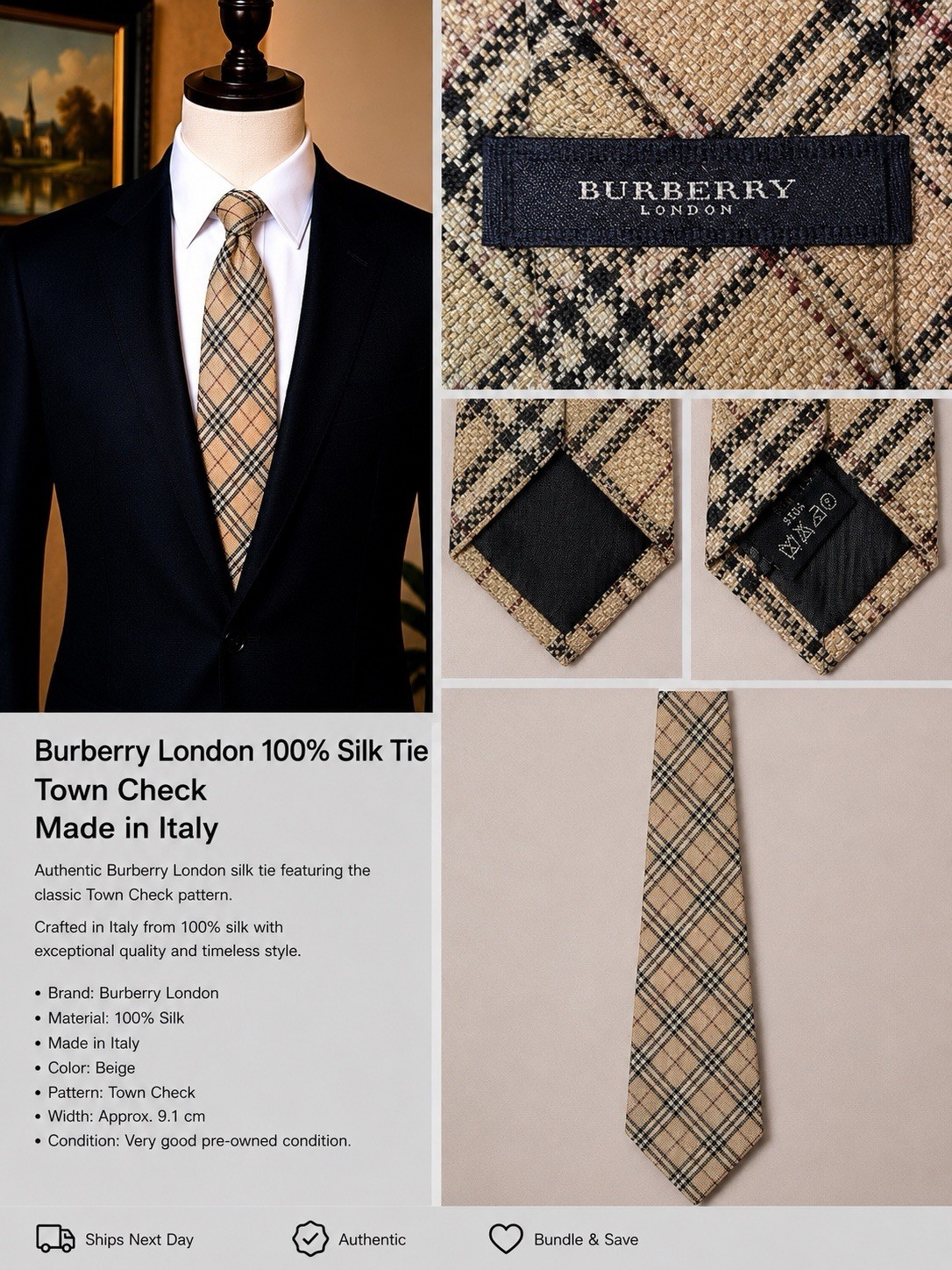 Burberry London Men’s 100% Silk Beige Plaid Check Logo Tie Made in Italy