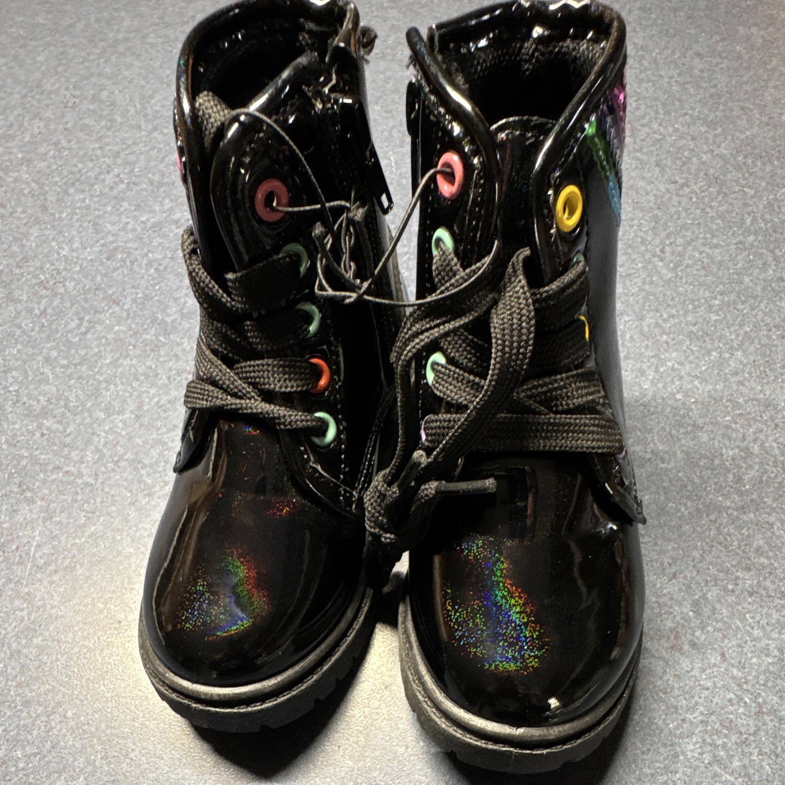 Unisex Kids Size 7 Black Combat Ankle Boots Lace-Up Side Zip Rainbow Sequin