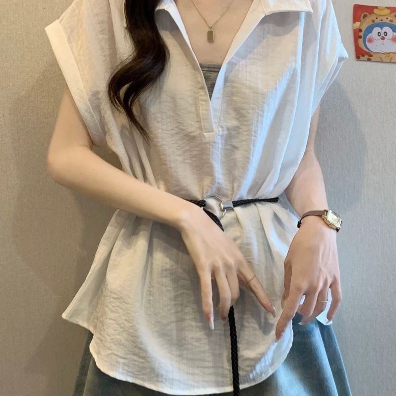 Plus-size Faux Two-piece V-neck Straight-shoulder Shirt