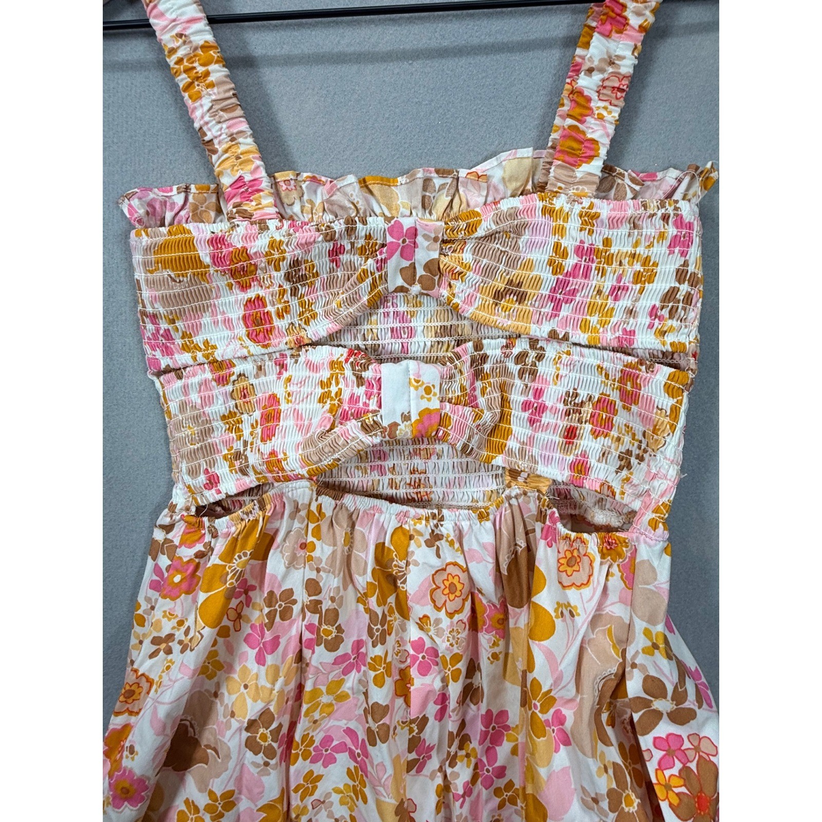 Altar’d State Retro Floral Smocked Mini Dress Pink Orange Small Cutout Back