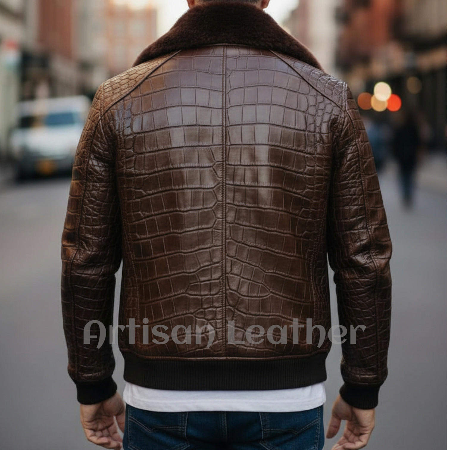 Luxury Crocodile Embossed Leather Jacket Men’s Fur Lined Winter Coat Bomber