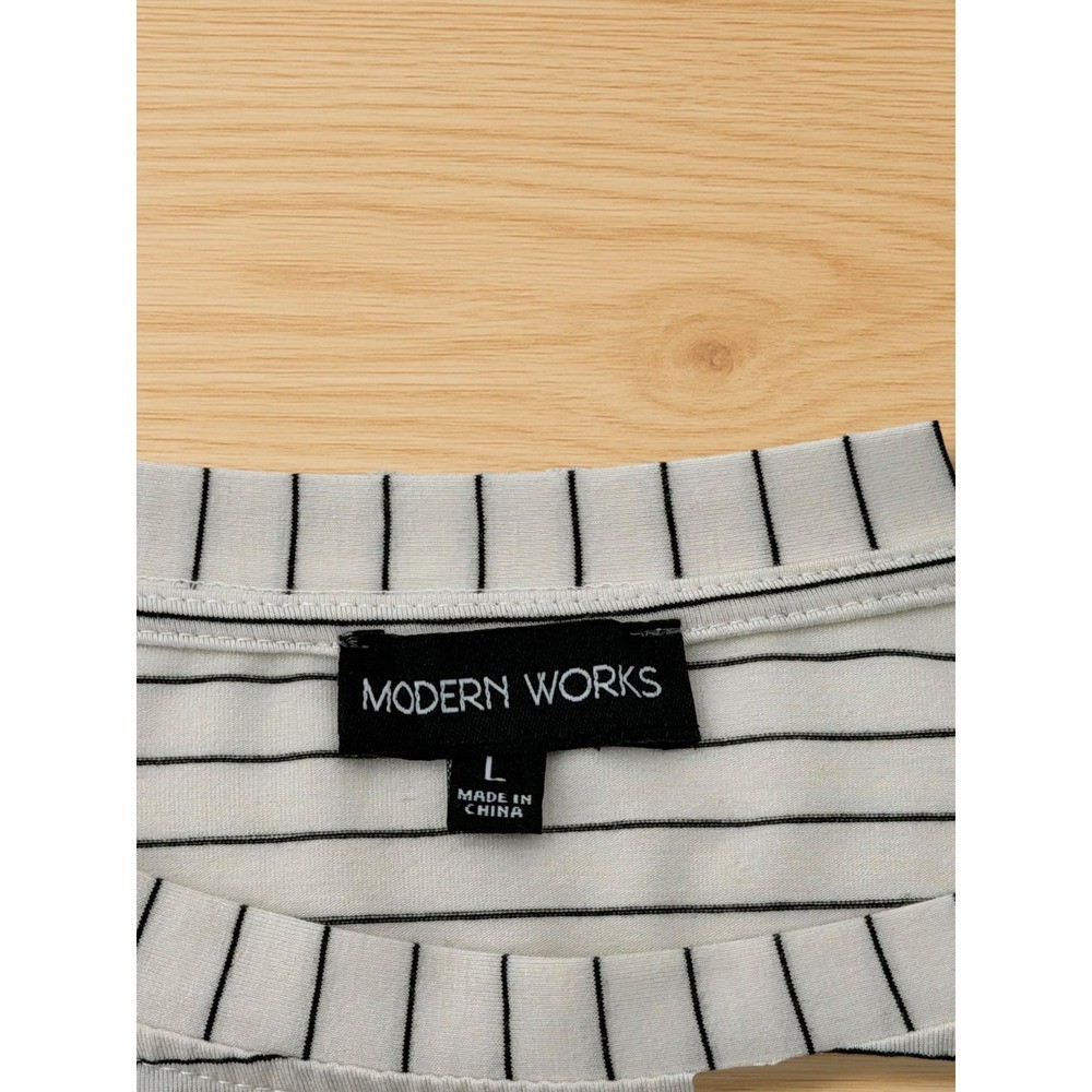 Modern Works Striped Puff Shoulder Rayon Blend Long Sleeve Top Large