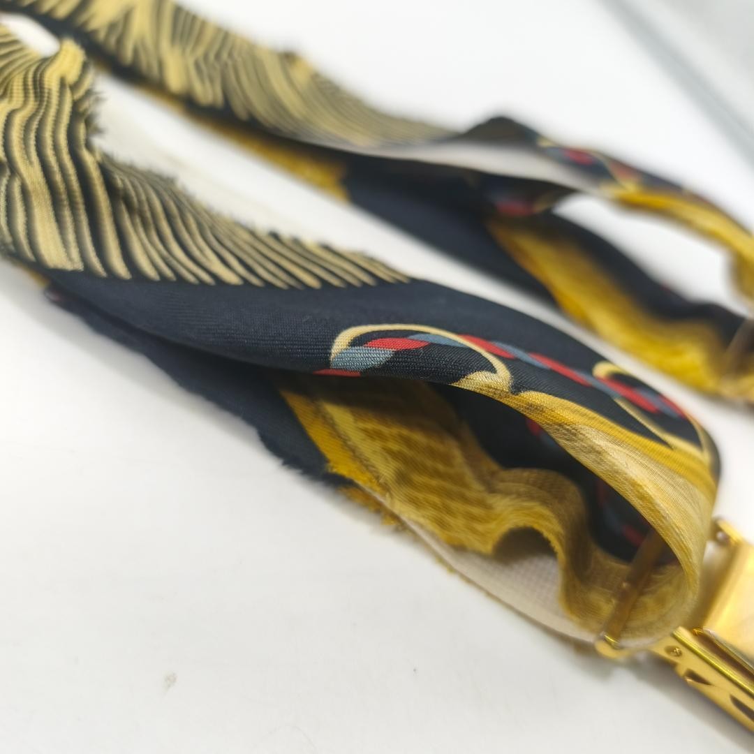 Hermes Paris Silk Suspenders Black Multicolor All Over Pattern Length 82cm w/Box