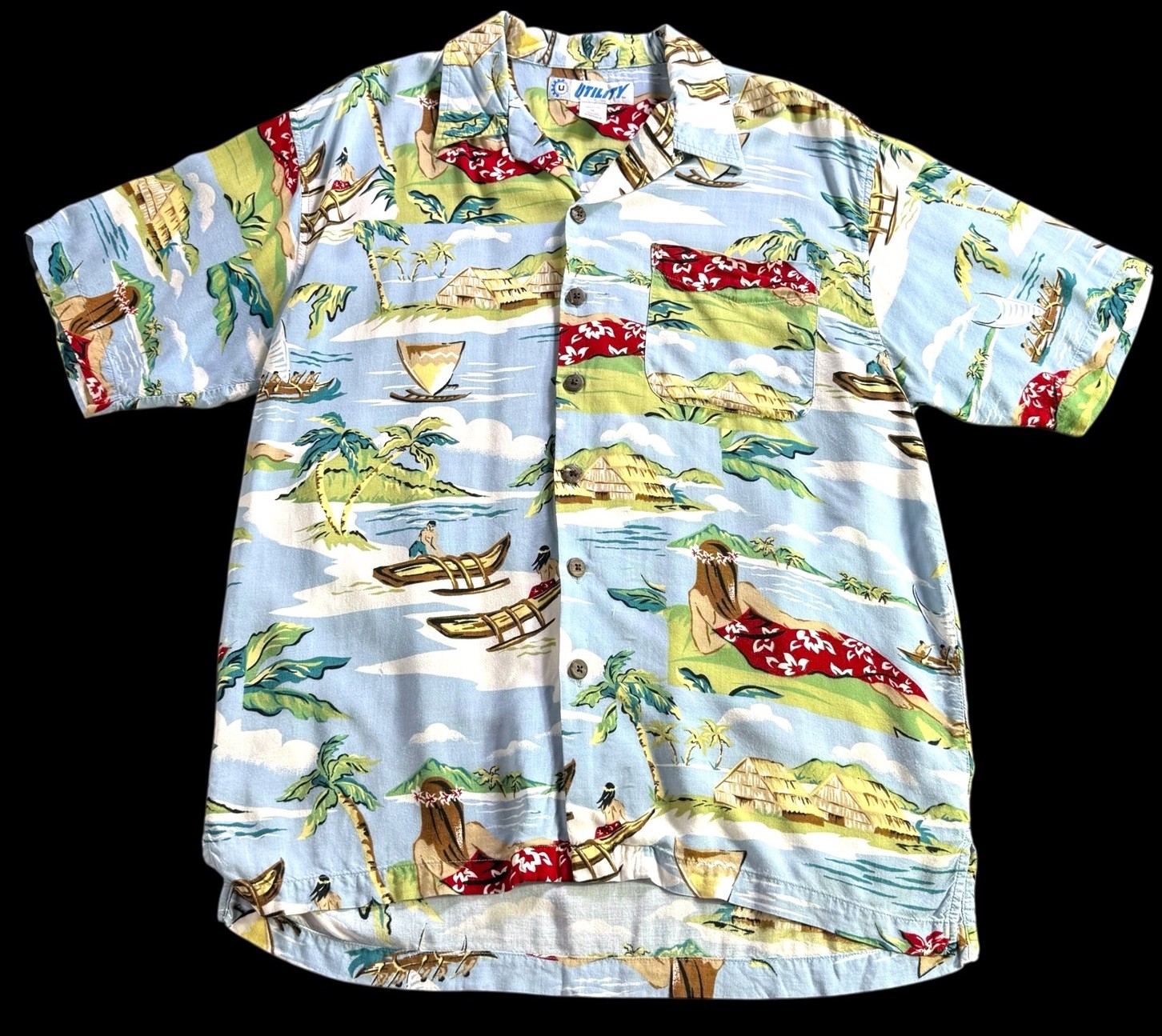 Utility Hawaiian Shirt Men’s Size M Colorful Rayon Tropical Aloha Beach Casual